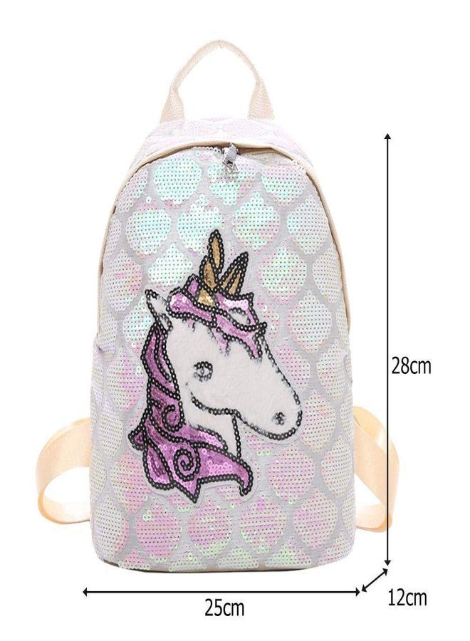 موكا حقيبة ظهر مزينة بالترتر بتصميم حورية البحر وحيد القرن، حقيبة ظهر يومية للبنات الصغيرات، حقيبة ظهر كبيرة مزينة بالترتر للسفر والنزهات الخارجية والمدرسة والجامعة والحفلات (أبيض) - Image 2